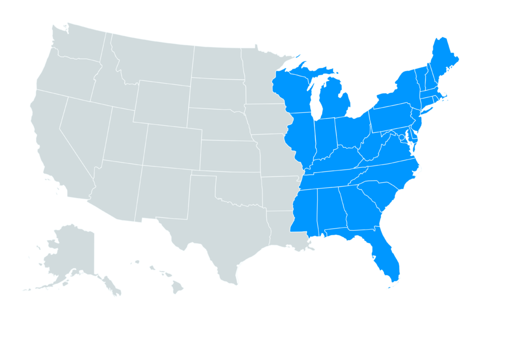 Map of East Coast areas we serve